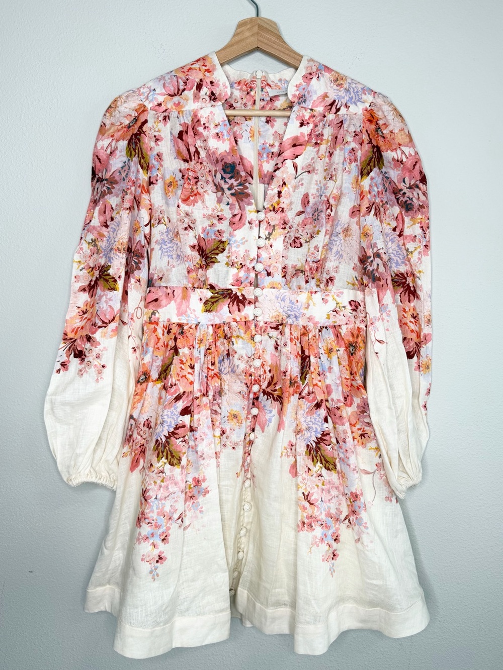 Zimmermann Devi Plunge Mini Dress Cream Floral Puff Sleeve Mini Size 1/US Small - Picture 7 of 12